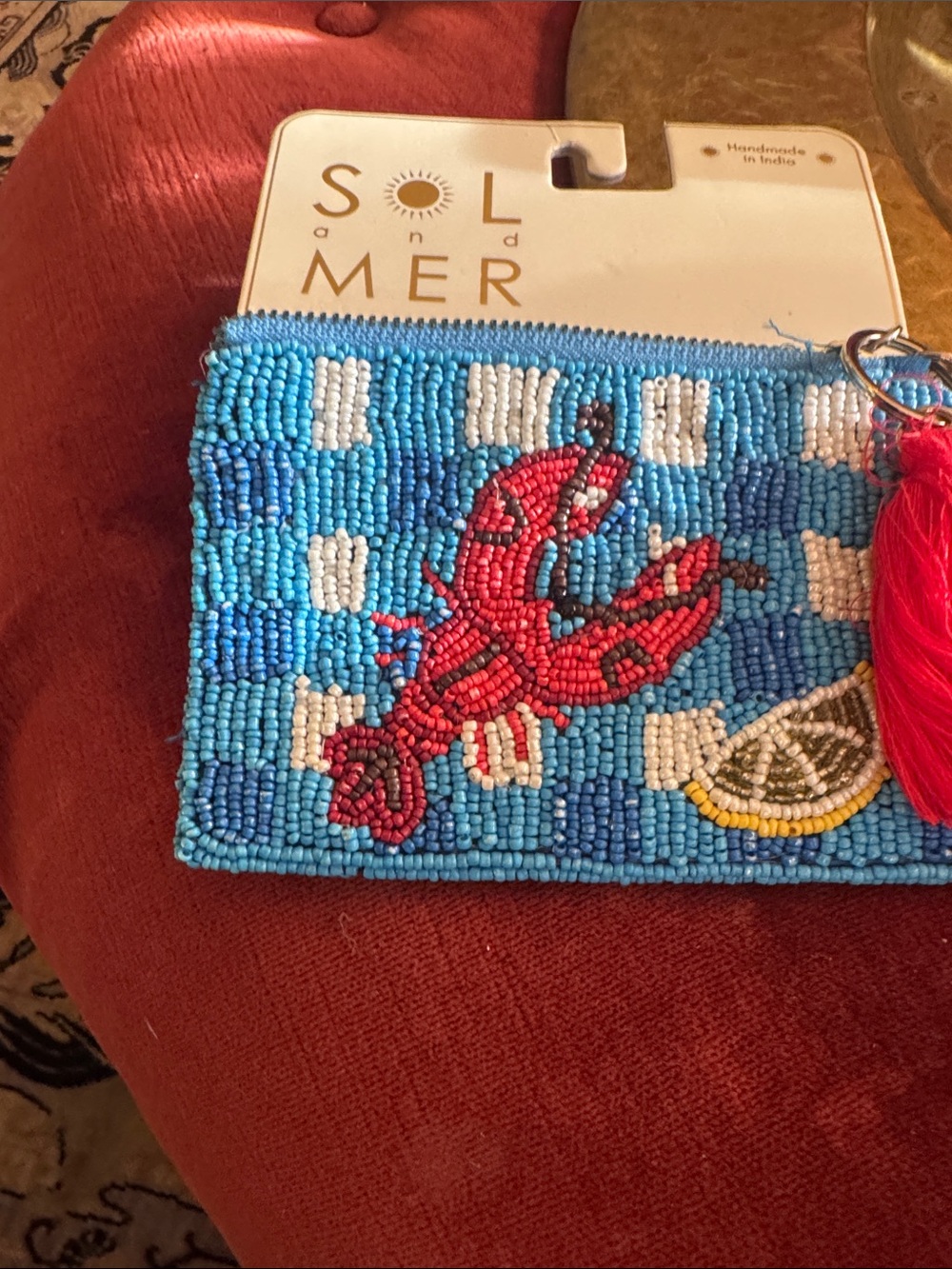 Sol & Mer Blue Beaded Key & Card Holder with Red Lobster and Tassel